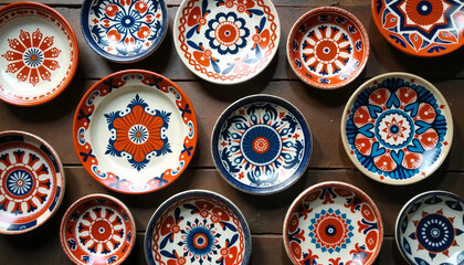 Slavic ceramic plates with floral and geometric motifs on wooden table

