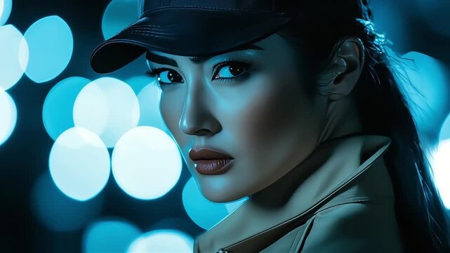Woman wearing cap looks thoughtful with blurred blue background.