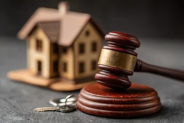Obraz premium A judge's gavel, house model, and keys symbolize real estate law, property auctions, or legal decisions on homes.