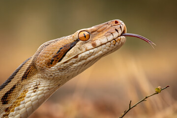 Close-Up of a Python Snake with Tongue Out in Natural Habitat
