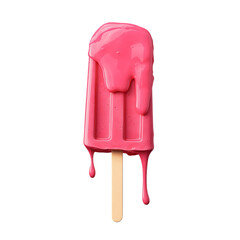 A realistic advertising shot of an ice cream popsicle melting on the stick, dripping down its side and covering it