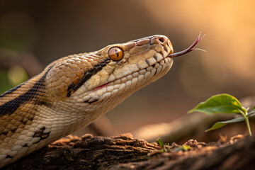 Python Snake on Tree Trunk with Tongue Out at Sunset
