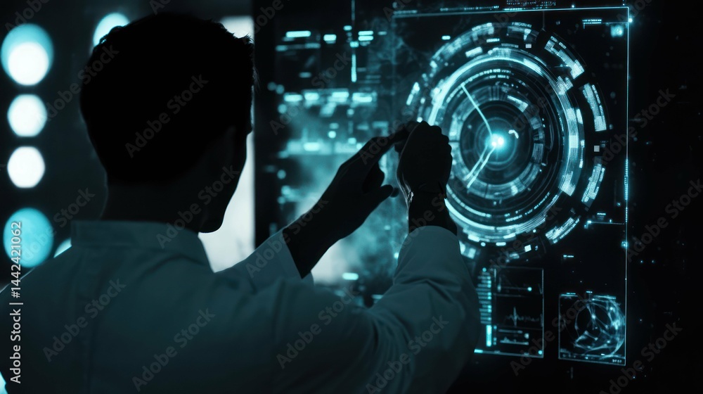 Aufkleber man interacts with an advanced digital interface screen, technology