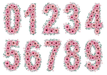 Lovely illustration of pink watercolor flower numbers with green foliage. This set contains the numbers 0, 1, 2, 3, 4, 5, 6, 7, 8 and 9. High-resolution and isolated on a blank background.