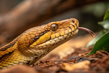 Close-Up Image of Yellow Python Snake in Natural Habitat
