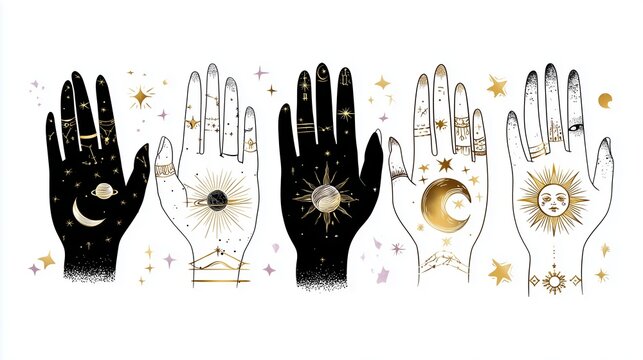Intricate hand designs symbolizing celestial elements such as the sun, moon, and planets create a mystical atmosphere in this artwork