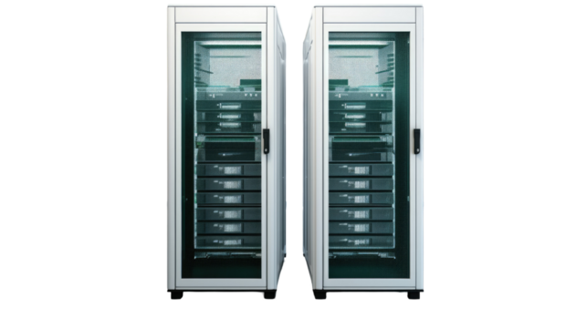 Full-Size Data Center Server Racks with LED Lighting on White Background