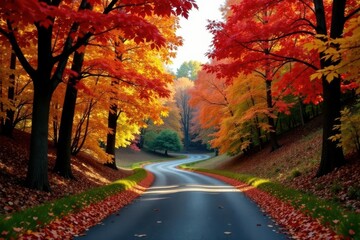 Fototapeta premium Vibrant autumn foliage lines a winding country lane , forest, oak, country road