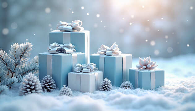 Elegant gift boxes wrapped in icy blue and white with satin bows arranged in snowfield, winter wonderland concept.  Magical concept of Christmas and New Year holidays.
