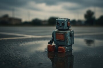 Lonely vintage robot toy sitting abandoned in puddle outdoors, emotional sadness concept