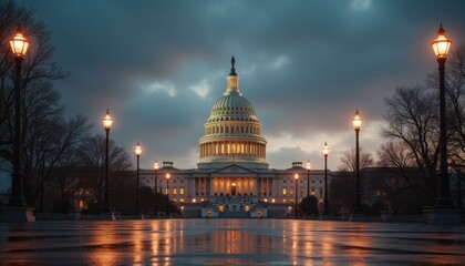 Illuminated architectural dome and colonnade at dusk under a cloudy sky with reflective pavement.