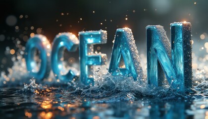 Dynamic Water Scene with Ice-Blue Letters Spelling "OCEAN" - Conceptual Underwater Art