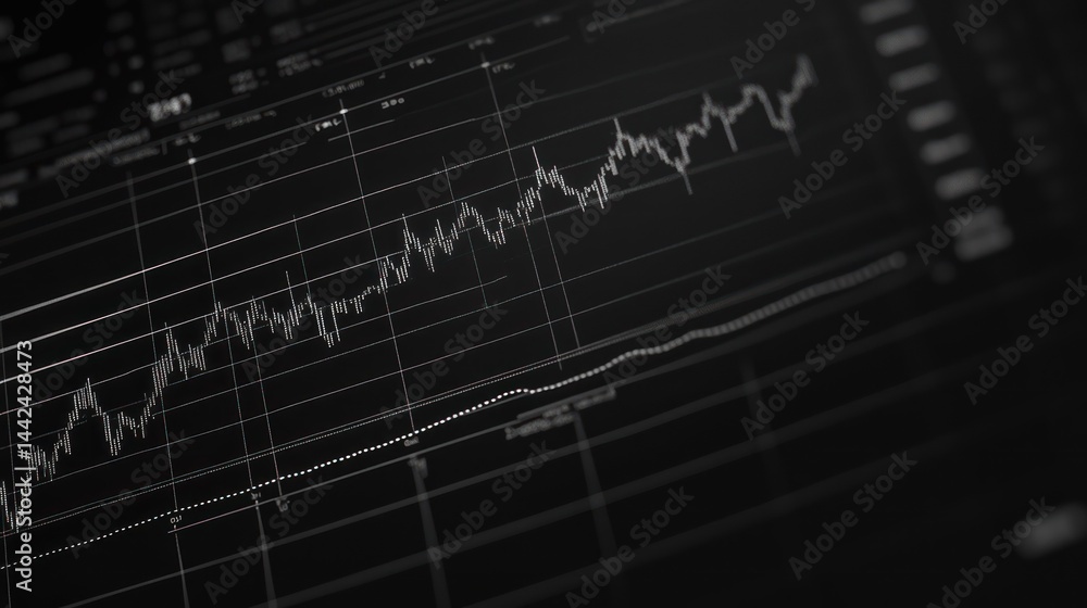 Poster a close-up grayscale image of a stock market graph on a monitor.
