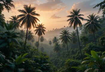 Serene jungle landscape with towering palms at daybreak.