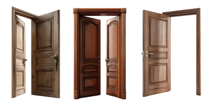 Three Open Brown Wooden Doors With Intricate Carvings On Transparent Background