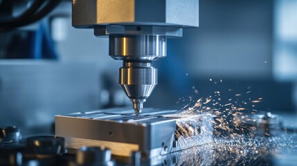 CNC milling machine in action, showing metal being cut and sparks flyi