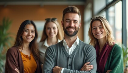 Fototapeta premium Diverse team of professionals smiling indoors, creating a positive atmosphere with a group of confident colleagues