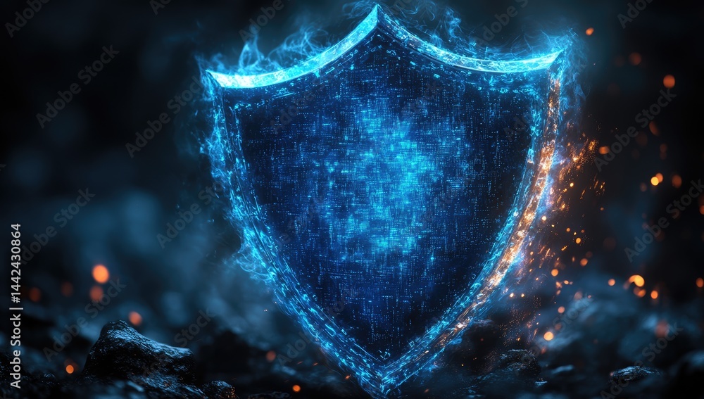 Aufkleber digital shield with glowing network design against dark backdrop.
