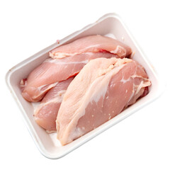 Raw chicken in white tray isolated on transparent background