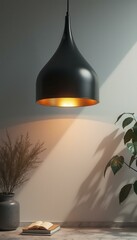 Fototapeta premium Interior design featuring a modern pendant lamp, indoor plant, and open book on a marble surface