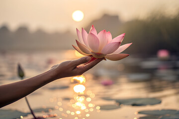 Lotus Flower in Hand with Sunset Reflection
