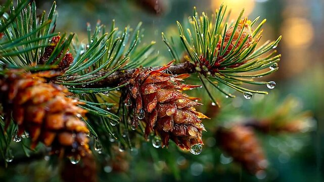 Close-up of Pine Cones with Dew in Forest Setting