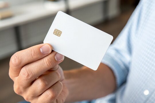 Hand holding a blank white credit card mockup with rounded corners, ideal for financial or payment-related concepts and designs