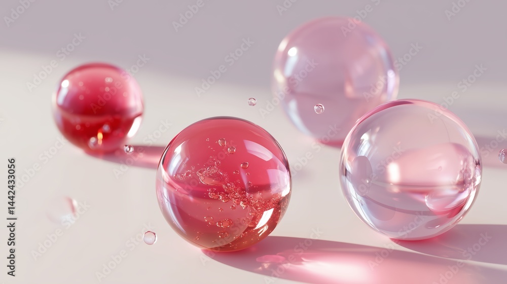 Poster colored translucent spheres creating reflections and shadows on a white surface during daylight