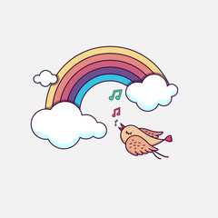 bird singing in rainbow and clouds