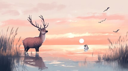 Fototapeta premium Serene wildlife scene at sunset, deer and duck.