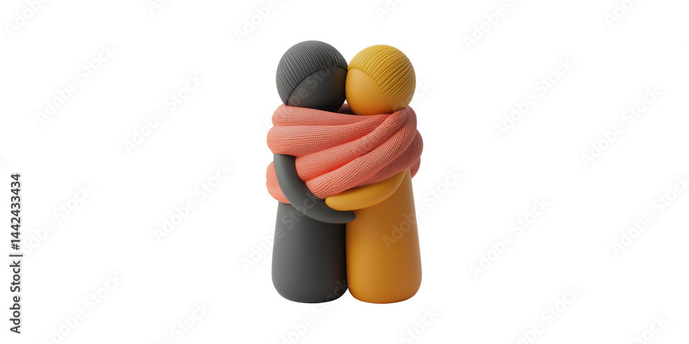 Poster two minimalist figures embracing with scarf. symbol of warmth and connection isolated on transparent