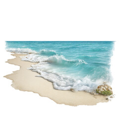 Gentle ocean waves create white foam as they wash onto the sandy beach.