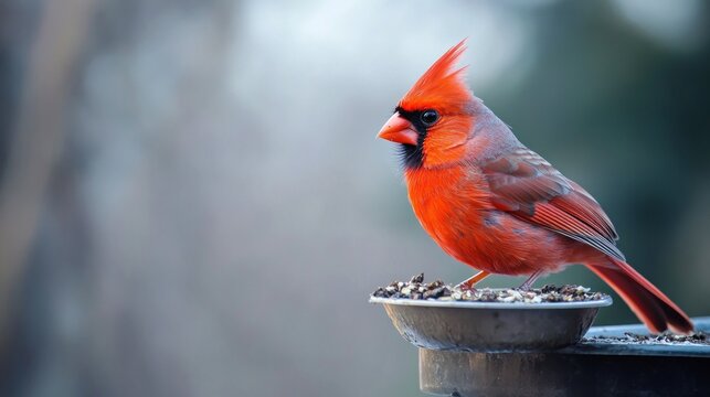 Beautiful red cardinal perched on a bird feeder