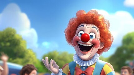 Naklejka premium Cheerful Clown Smiling and Gesturing Joyfully in a Vibrant Outdoor Celebration