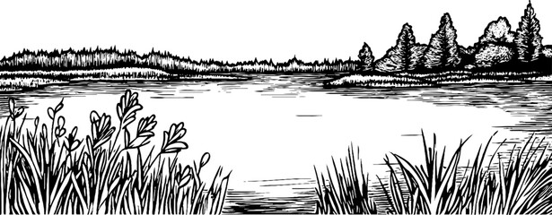 A serene landscape featuring a calm lake surrounded by trees and grass. The scene is depicted in a detailed black and white illustration style, emphasizing natural elements.