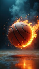 Fiery Basketball on Court with Smoke and Embers - Dynamic Sports Scene