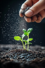 Gardener applies ash to a bed of young plant sprouts. Vertical banner