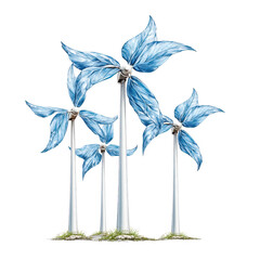 Leaf turbine windmills generate sustainable clean energy with blue blades.