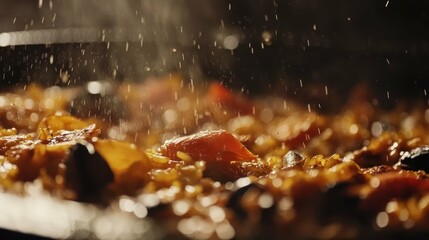Close up of sizzling paella dish with rice and seafood.