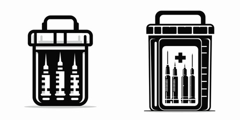 The Sharps container. Hospital Healthcare Clinic Treatment Symbol. Biohazard receptacle utilizing a secure device for needle and lancet disposal.