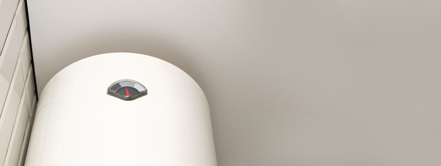 Modern hot water boiler on a bathroom wall with steam rising, symbolizing warmth and comfort, with...
