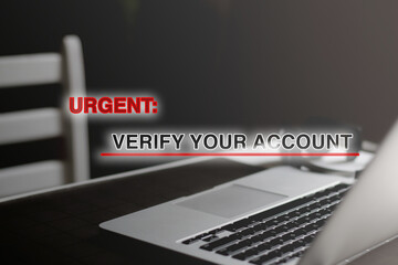 Laptop screen displaying a suspicious email notification urging account verification, symbolizing digital scams, phishing, and online security threats