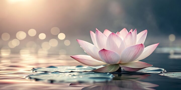 Zen Blossom: A pristine pink lotus flower floats gracefully on serene water, its delicate petals gently illuminated by soft, ethereal light, evoking tranquility and inner peace.