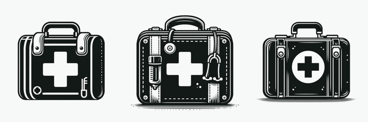 The Medical bag. Hospital Healthcare Clinic Treatment Symbol. First-aid kit pouch containing vital emergency physician provisions.