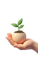 3D illustration of a hand holding a small potted plant, symbolizing growth, care, and sustainability, isolated on transparent background