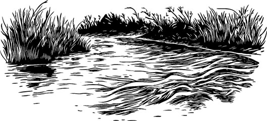 Obraz premium Winding River Illustration in Black and White