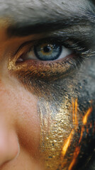 A close-up of a woman's eye with striking blue irises, decorated with artistic black and gold paint, evoking a sense of mystery and creativity