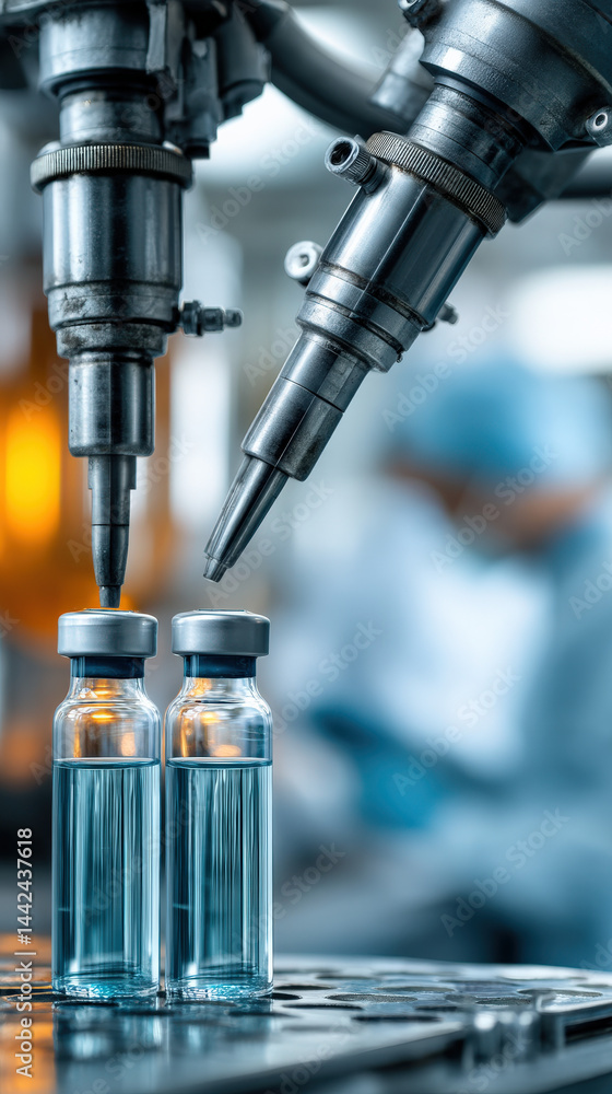 Poster close-up of two glass vials filled with a clear liquid, placed on a workbench, as machinery prepares