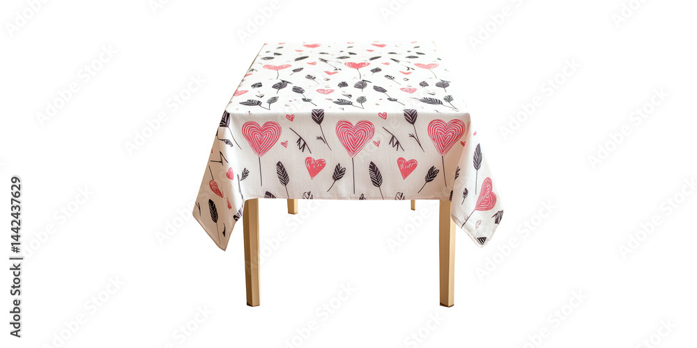 Poster table with heart and arrow patterned tablecloth. romantic and festive dining decor isolated on trans
