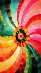 A vibrant, abstract swirl of colors radiating from a central point, evoking energy and movement.